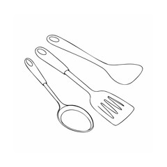Simple black and white illustration of various kitchen utensils for culinary and cooking themes