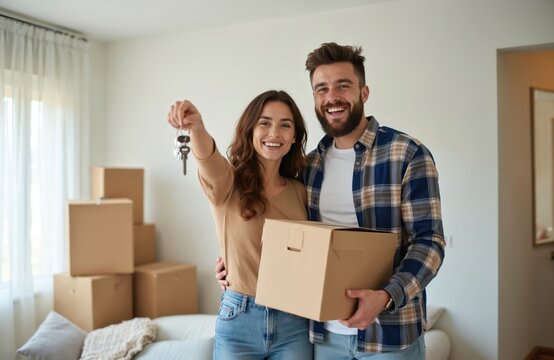 Happy young couple home owners hold keys. Smiling millennial man, woman first time homeowners carry boxes on moving day. Mortgage loan new house ownership concept. Buying real estate, relocation,