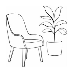 Fototapeta premium Minimalist line art illustration of an armchair and potted plant in a modern setting