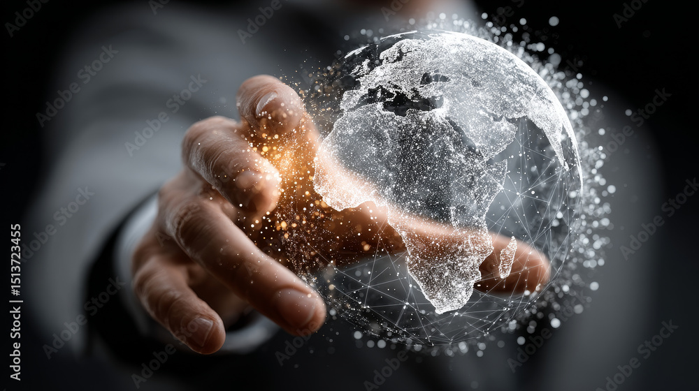 Poster cps: businessman hand holding globe with network connecting data of digital technology, cyber-physic