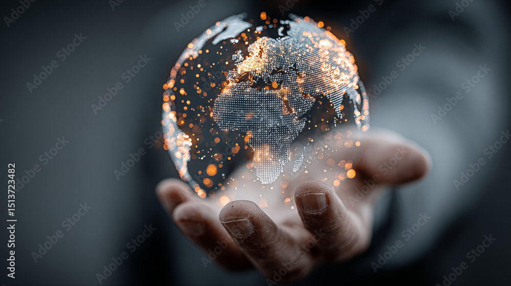 Poster cps: businessman hand holding globe with network connecting data of digital technology, cyber-physic