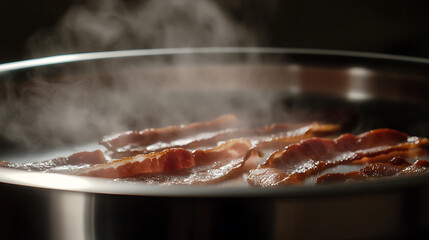 Fototapeta premium Sizzling bacon strips frying in a pan, releasing flavorful steam and tempting aromas.