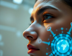 Close-up of a woman's face with futuristic digital interface overlay
