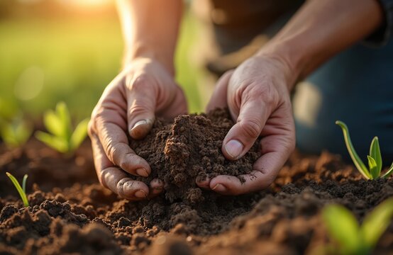 Farmer hands touching soil ground on field. Male hands holding earth, checking soil quality before sowing. Sunlight on farmland. Agriculture, gardening, eco concept.