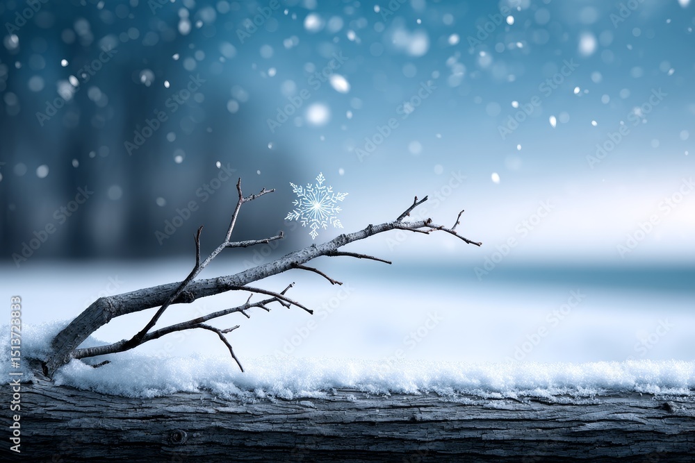 Aufkleber winter branch and snowflake - a lone branch rests on snow, a single snowflake adorns it, symbolizing