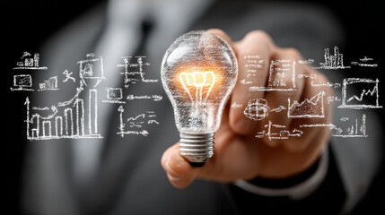 SEO: Hands of businessman holding light bulb and SEO with data network digital technology. Keywords, analytics, rankings, innovation.