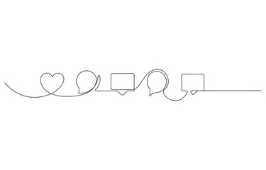 message icon set with bell, speech bubble,love shape one continuous line drawing