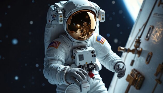 Astronaut spacewalking mission in space. American astronaut wearing spacesuit during spacewalk. Space exploration, working at space station with Earth in background. Cosmos, future, technology,.