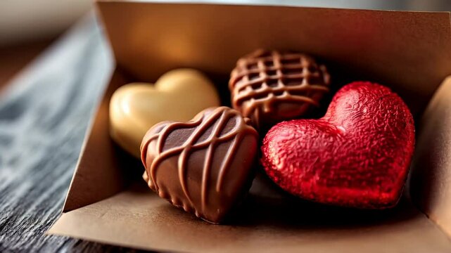 An arrangement of assorted heart-shaped chocolates in a brown box, a perfect gift.