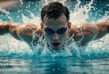 swimmer in motion, emerging from the pool with an explosive splash, tight crop on face and arms, slow motion detail, water physics realism.