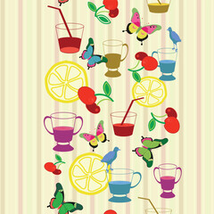 Bright, playful pattern with cocktails, butterflies, lemon slices, and cherries on vertical pastel stripes. Great for digital party decor and textiles.