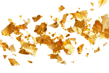 A scattered array of golden flakes against a stark black backdrop creating a textured effect look gold