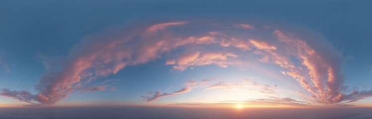 Obraz premium 360 panoramic sunset sky view. Beautiful dark blue sky with pink cirrus clouds in evening twilight. Sphere format for 3D visualization. Blue sky background with sun and clouds.