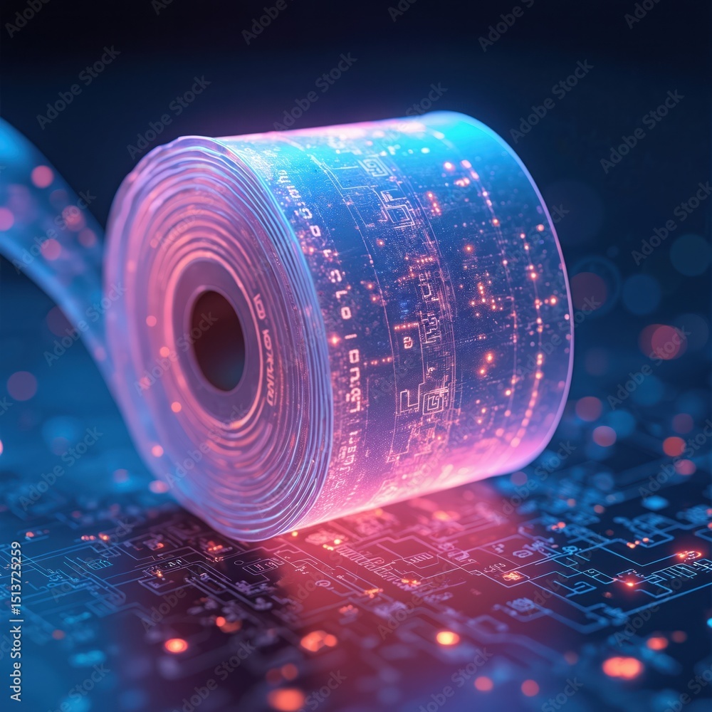 Aufkleber Digital illustration of data stream concept with roll of digital tape. Neon colors, glowing digital circuit board, information transfer concept. Digital transformation, innovation in tech, data