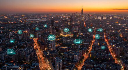 Connected city aerial view with communication and data icons overlay