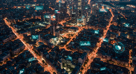 Smart City at Night: Aerial view of illuminated cityscape with data overlays