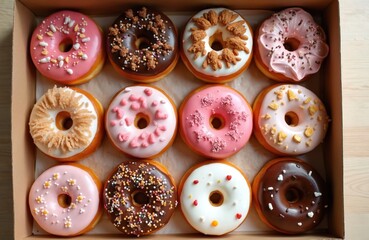 Fototapeta premium Box of assorted donuts, colourful sweet treats. Variety of glazed donuts chocolate, pink, white frosting with sprinkles. Perfect for sharing, brunch, party dessert. Tempting indulgence for enjoyment.