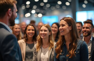 Happy audience listens to startup business owner at trade show exhibition. People laugh at event, smiling. Conference, seminar, meeting, convention, presentation. Concept of corporate business.