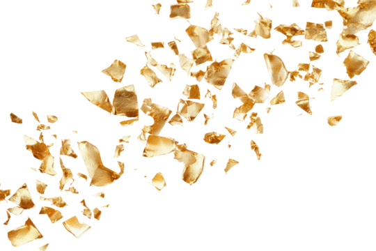 A scattered array of golden flakes floating against a stark black background creating a dynamic effect