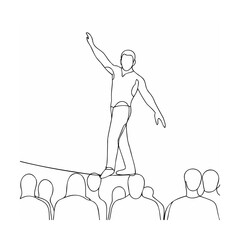 Minimalist line drawing of a circus performer balancing on tightrope with audience