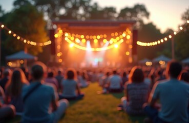 Blurred photo of evening garden festival with people sitting in front stage. Night celebration, party, concert. Outdoor summer activity with lights and garlands. Defocused background.