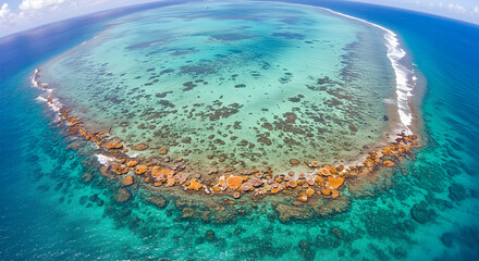 Aerial view of a coral reef with shallow turquoise water and vibrant marine life.