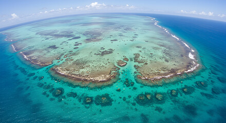 Aerial view of a coral reef system in the ocean.