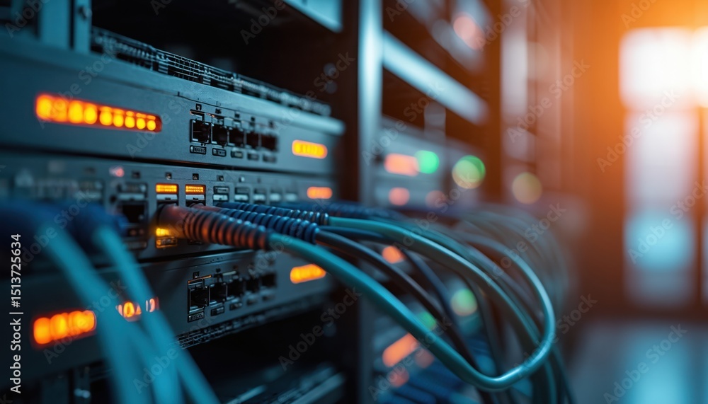 Poster interconnected network servers in data center rack with blurred background. information technology h