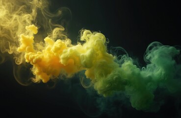 Abstract render of yellow, green steam on black. Dynamic vibrant colors flow, creating stunning visuals. Image offers versatile creative options, suiting designs needing atmospheric backgrounds,