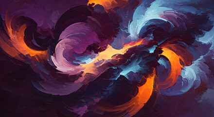 Abstract brushstroke painting with swirls of orange, purple and blue.