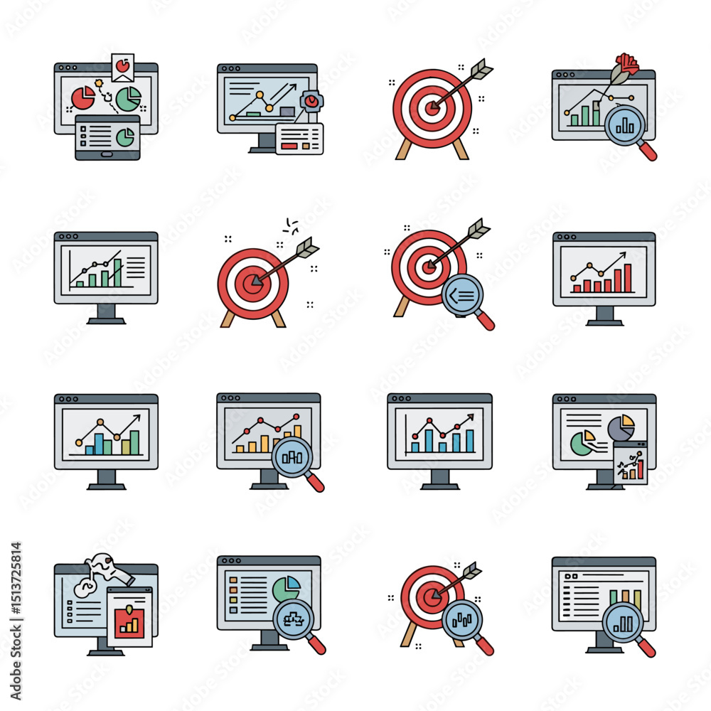 Poster targeted analytics icons: an array of meticulously crafted icons showcasing data analytics, goal ach