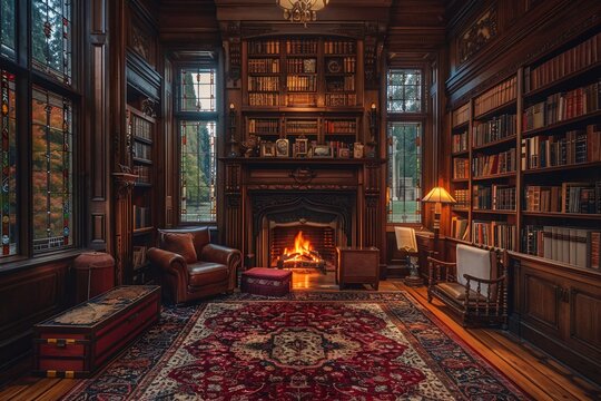 Cozy victorian library with fireplace and large windows creating a serene atmosphere