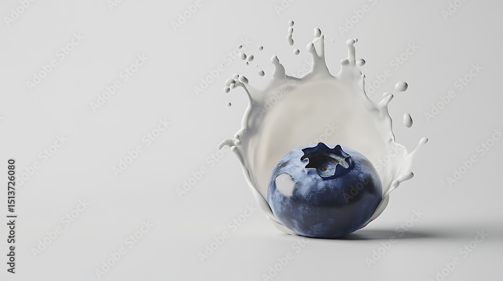 Poster captivating image of a blueberry plunged into milk, creating a dynamic splash. the contrast between 