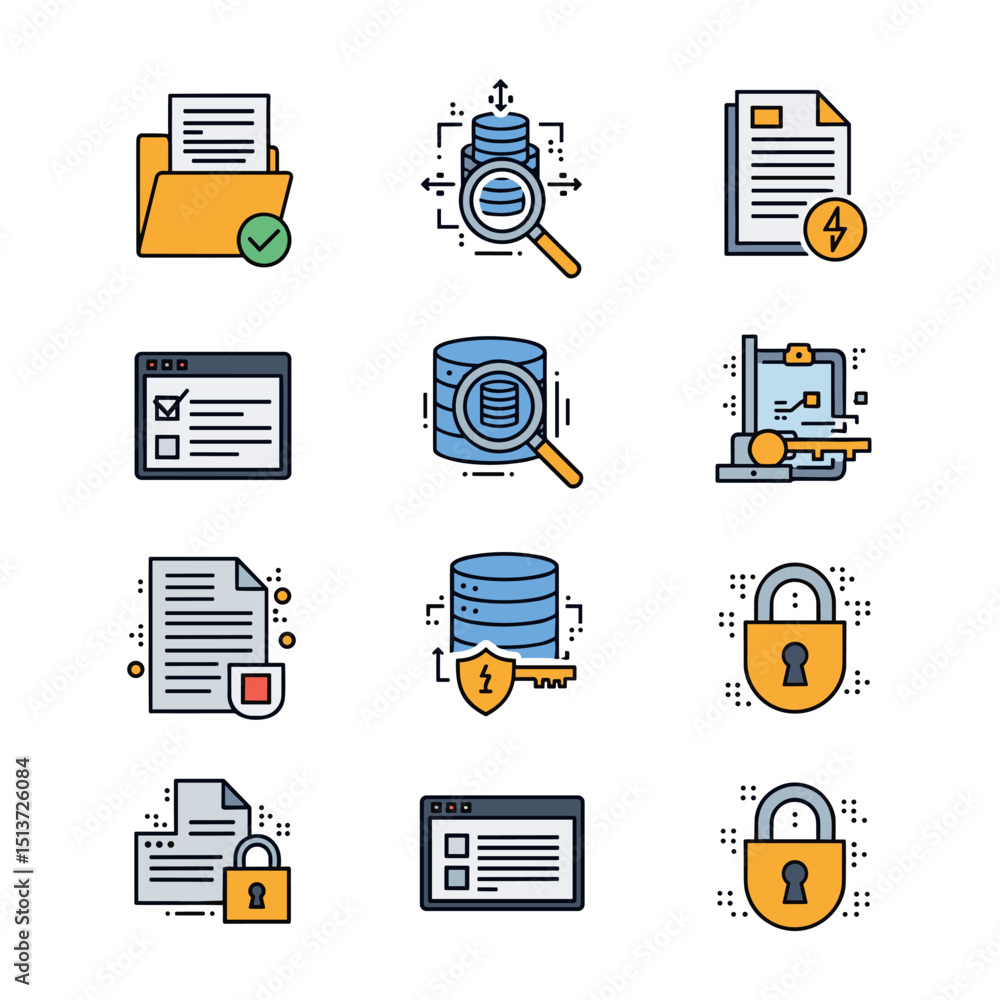 Aufkleber data icons: a colorful, isometric collection of essential data icons, perfect for representing datab