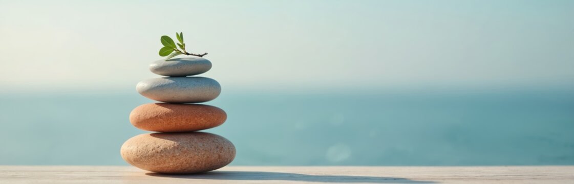 Stack of balanced zen stones with green plant branch. Nature background with sea, ocean, sky. Harmony, balance in life, meditation, wellness, spa, retreat, harmony, zen-like concept.
