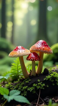 image shows group amanita muscaria mushrooms growing log woods surrounded lush green plants blurred