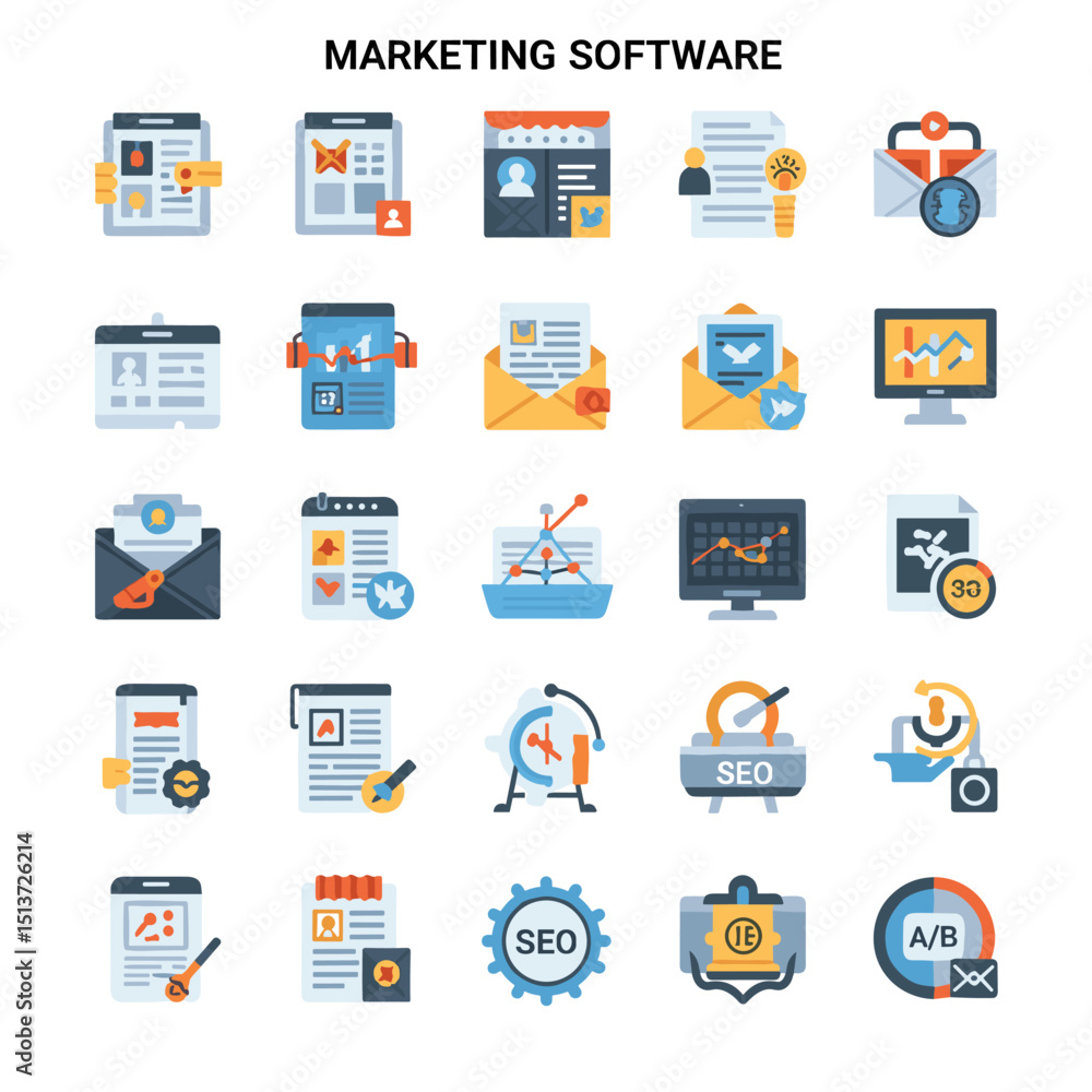 Poster marketing software icon set: comprehensive collection of vector icons representing various marketing