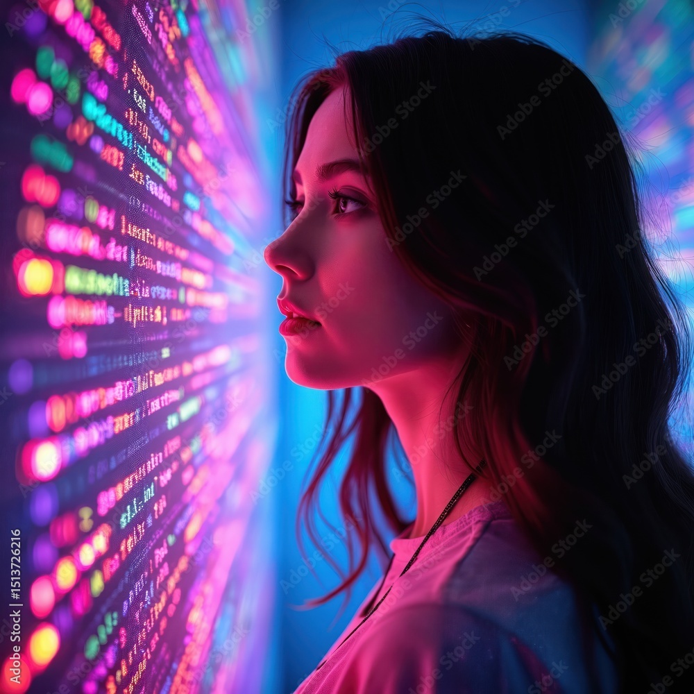 Leinwandbilder young woman with computer code on the background. ai and digital technologies concept. artificial in