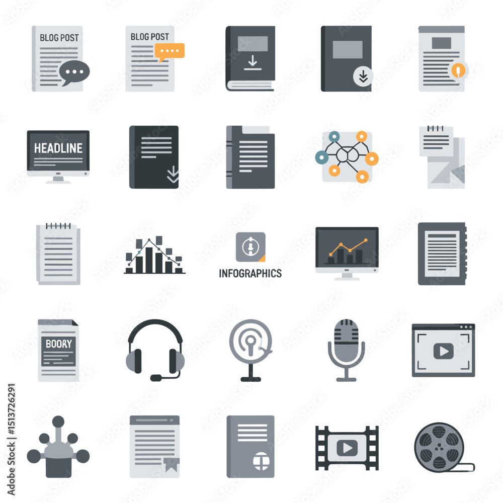 Poster content creation icons: a comprehensive set of flat design icons representing various aspects of con