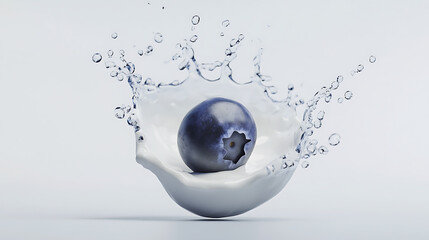 A plump blueberry is frozen in time as it splashes into a pool of creamy liquid, sending droplets flying. Simple white backdrop highlights the juicy freshness.