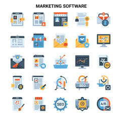 Marketing Software Icon Set: Comprehensive collection of vector icons representing various marketing software functions, tools and features.