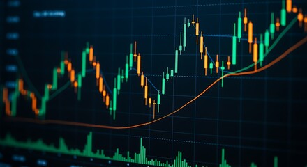 Close-up view of green and orange financial candlestick chart displaying stock market trends