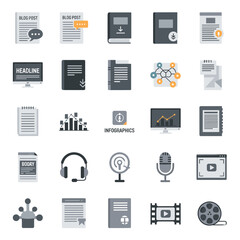 Content Creation Icons: A comprehensive set of flat design icons representing various aspects of content creation, including blogging, writing, publishing, video production, podcasting.