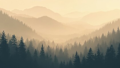 Obraz premium Misty landscape with fir forest in vintage retro style with soft beige colors. Foggy scene depicts pine trees on mountains. Scenic background, moody weather for postcards, posters, travel.