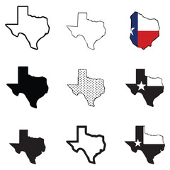 Texas State Outline Vector Set – 9 Unique Silhouettes and Designs of Texas Map Icon

