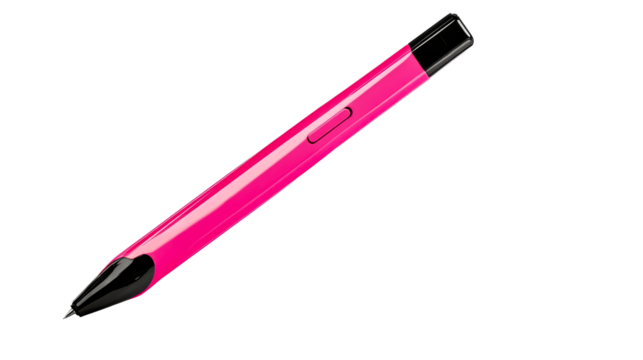 Shiny pink stylus pen with black tip, writing tool, cut out transparent