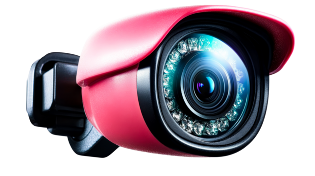 Red security camera, surveillance equipment, protection system, cut out transparent