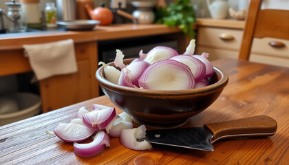 Rustic bowl with pieces of cut onion placed near knife on lumber table in kitchen.
