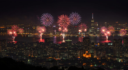 Fireworks over New York City at night