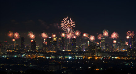 Fireworks over city skyline at night